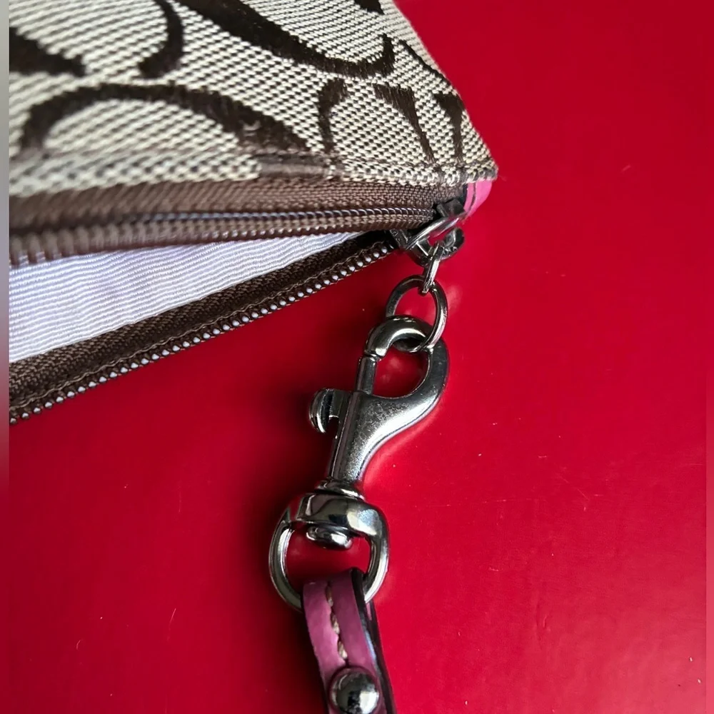 Coach Pink & Brown Signature Wristlet Case